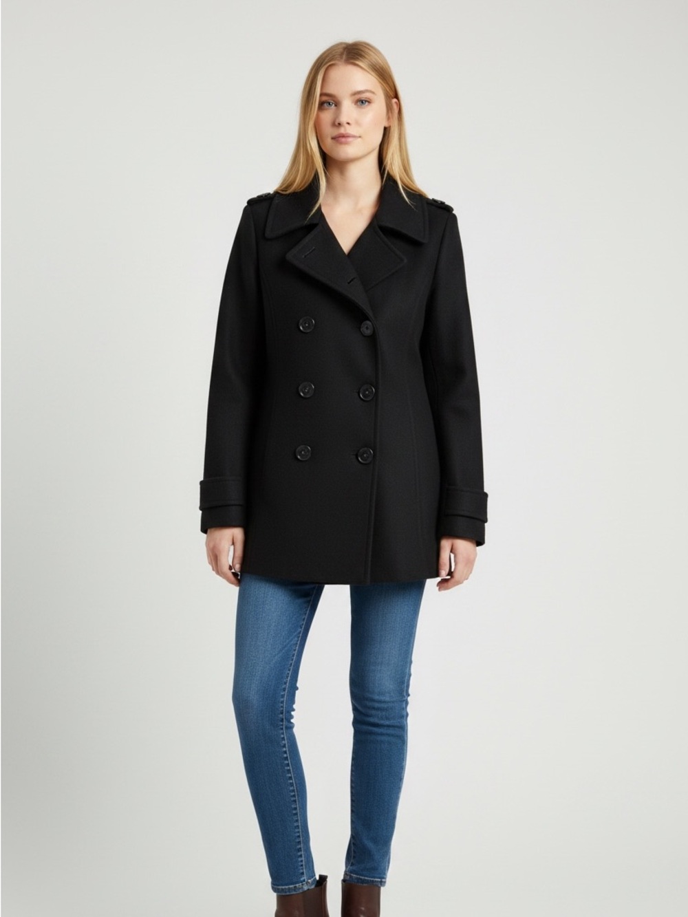 Michael Kors Womens XL Black Wool Blend Peacoat Double Breasted Military Chic